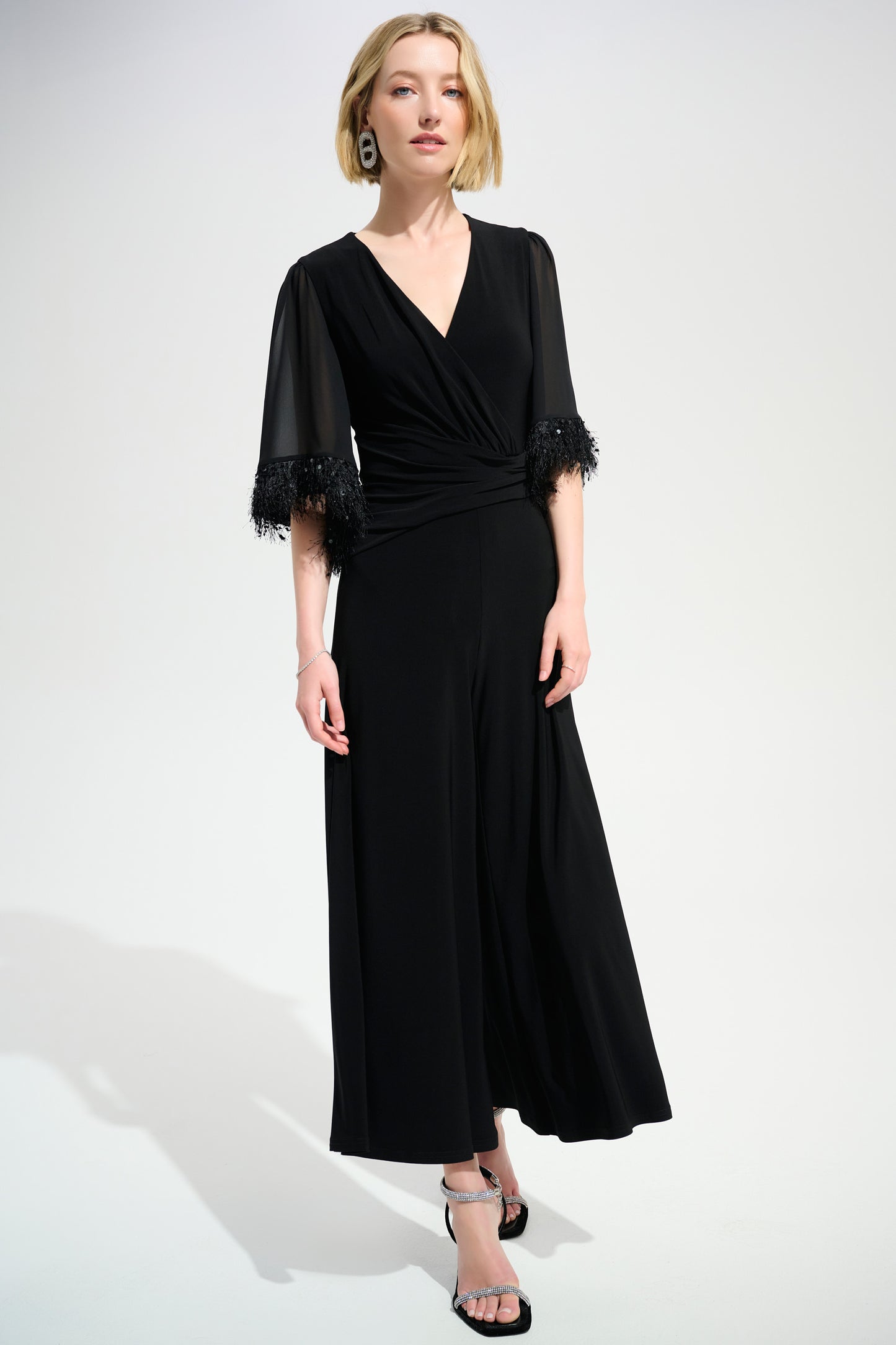 Joseph Ribkoff Silky Knit Wide Leg Jumpsuit With Chiffon Sleeves  261761 - BLACK