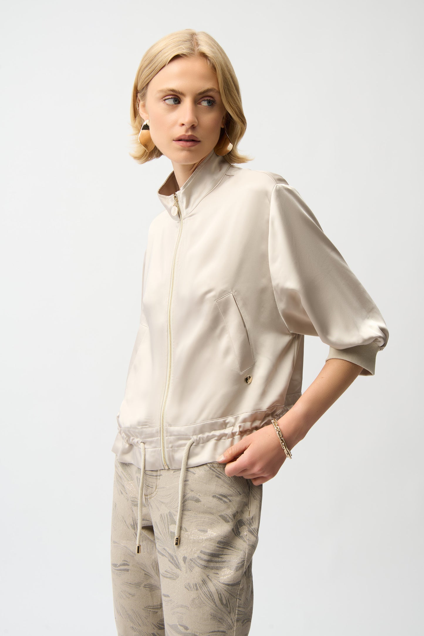 Joseph Ribkoff Satin Boxy Blouson Jacket With Drawstring Hem 261913 - MOONSTONE
