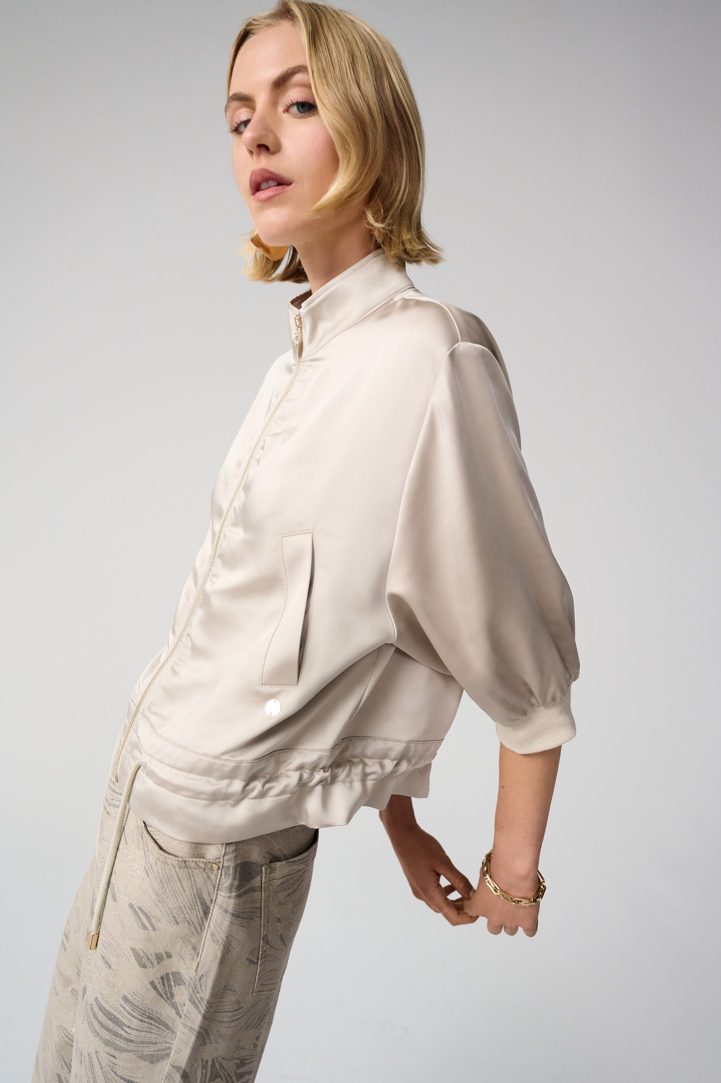 Joseph Ribkoff Satin Boxy Blouson Jacket With Drawstring Hem 261913 - MOONSTONE