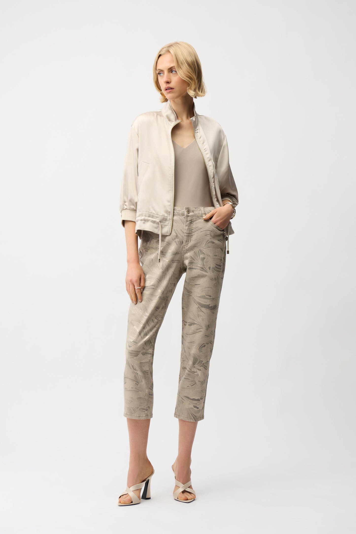 Joseph Ribkoff Metallic Abstract Print Slim Crop Jeans 261959 -  TAUPE / GOLD