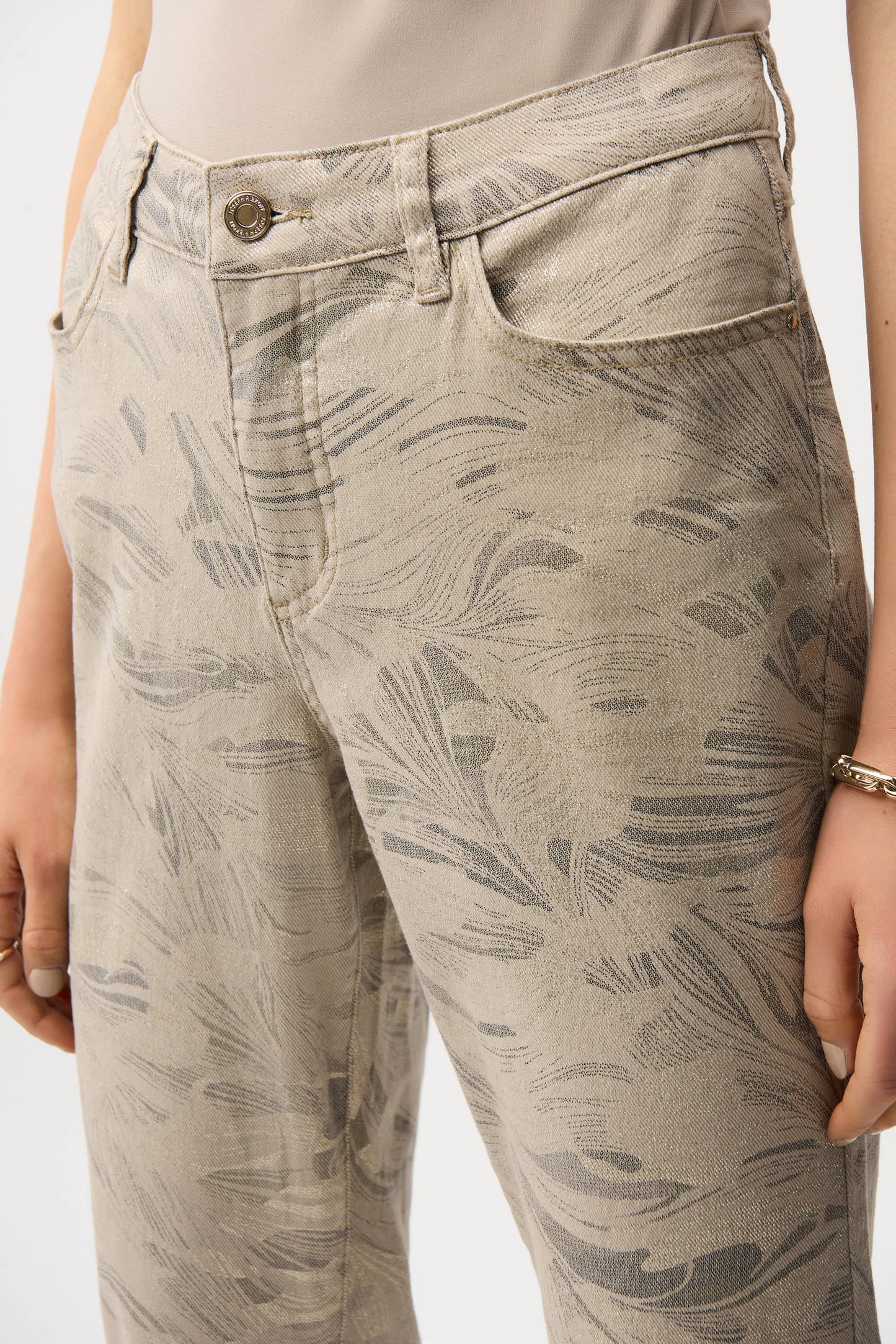 Joseph Ribkoff Metallic Abstract Print Slim Crop Jeans 261959 -  TAUPE / GOLD