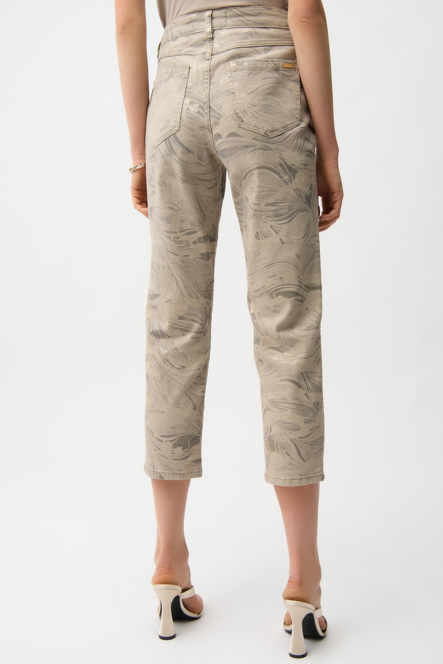 Joseph Ribkoff Metallic Abstract Print Slim Crop Jeans 261959 -  TAUPE / GOLD