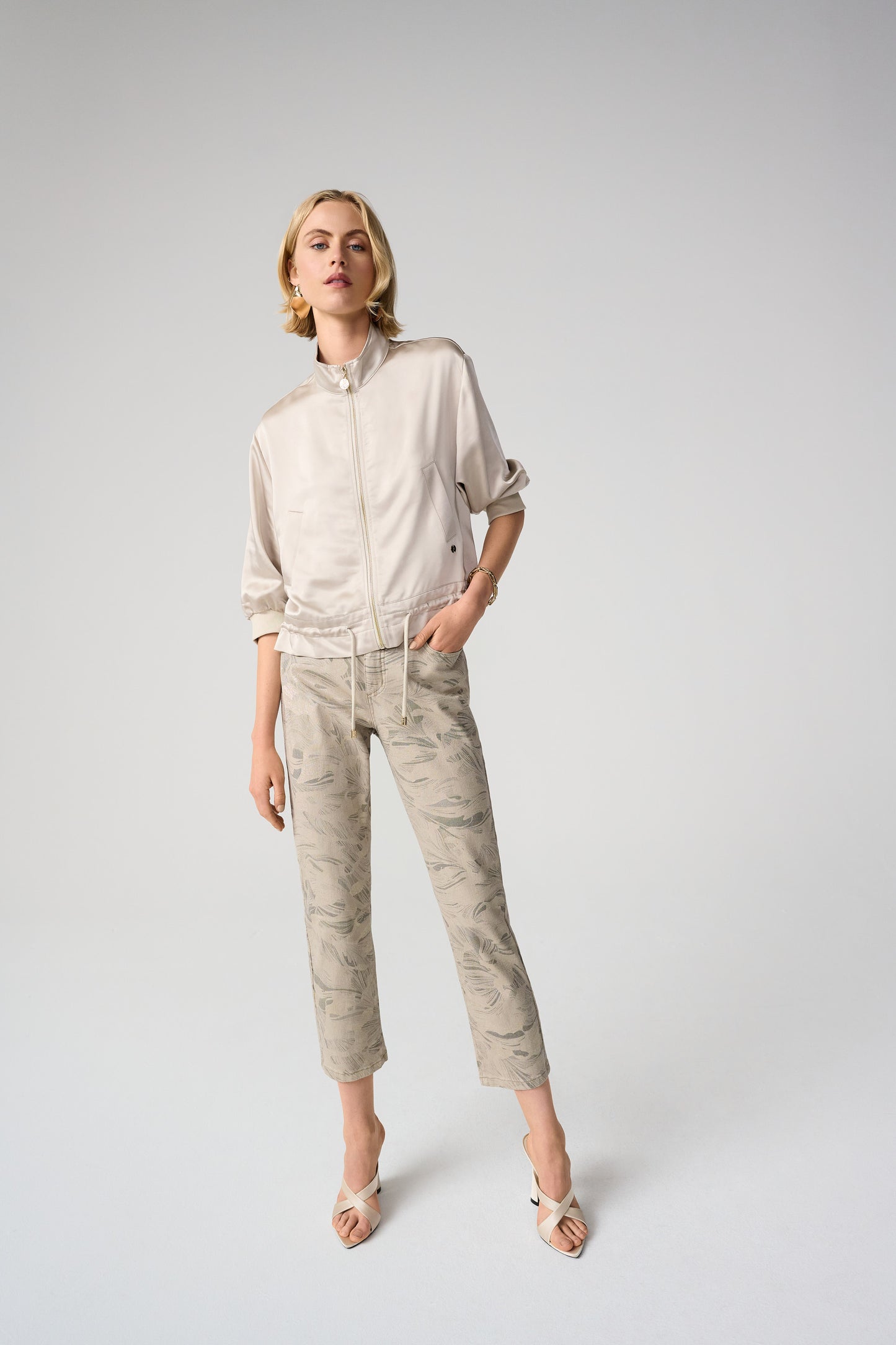 Joseph Ribkoff Metallic Abstract Print Slim Crop Jeans 261959 -  TAUPE / GOLD