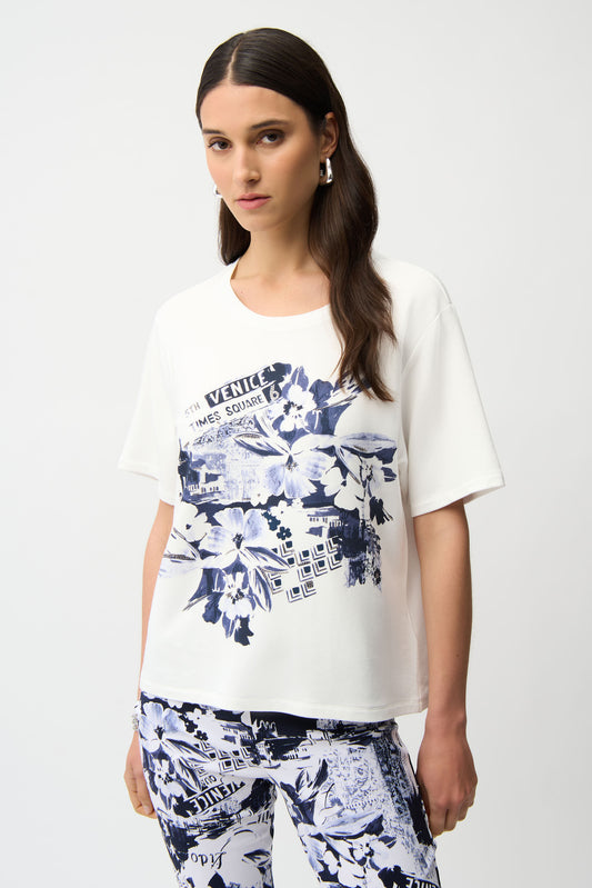 Joseph Ribkoff Front Print Straight T-Shirt With Rhinestones 261967 - VANILLA/ BLUE