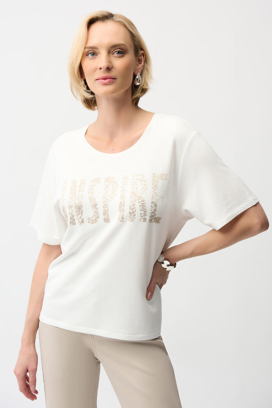 Joseph Ribkoff Front Print Straight T-Shirt With Rhinestones 261967 - VANILLA/ BEIGE
