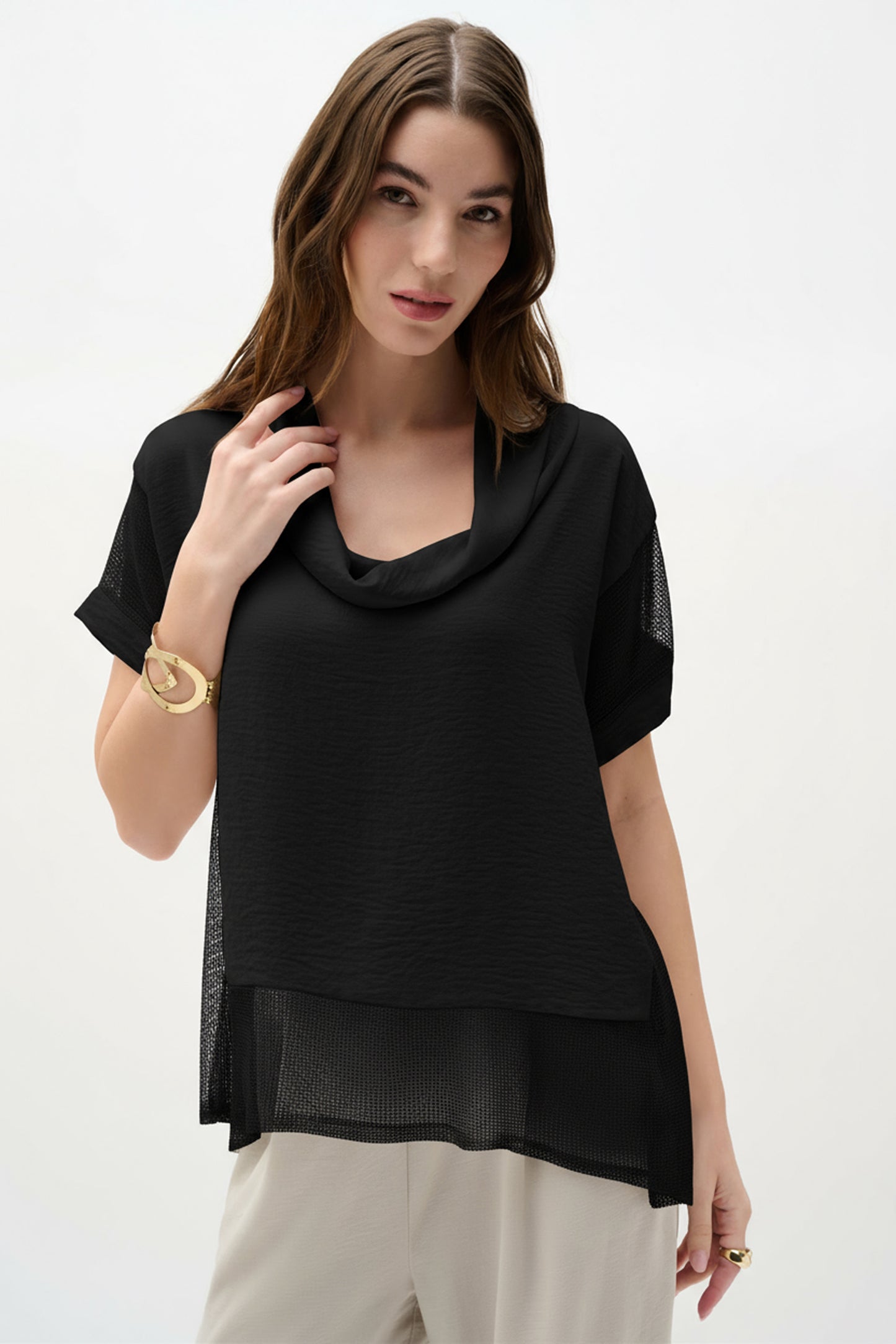 Joseph Ribkoff Woven Gauze And Mesh Boxy Top With Cowl Collar 262045 - BLACK
