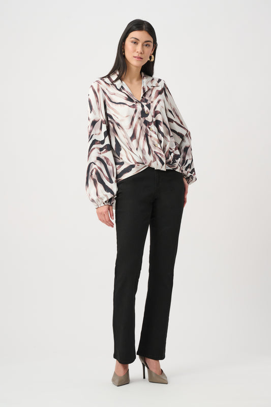 Joseph Ribkoff Recycled Satin Animal Print Draped Top 263057 - Beige/ Multi