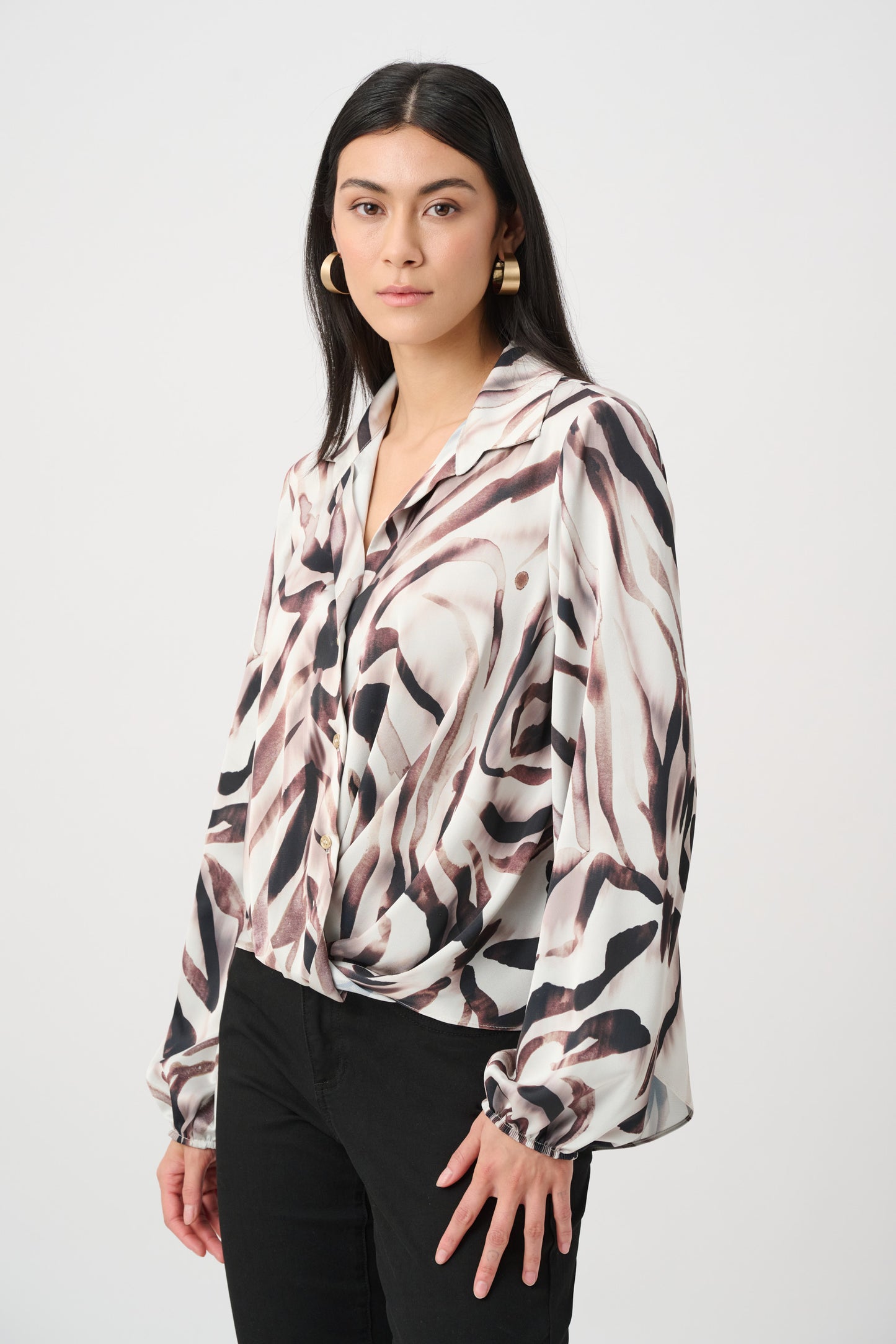 Joseph Ribkoff Recycled Satin Animal Print Draped Top 263057 - Beige/ Multi