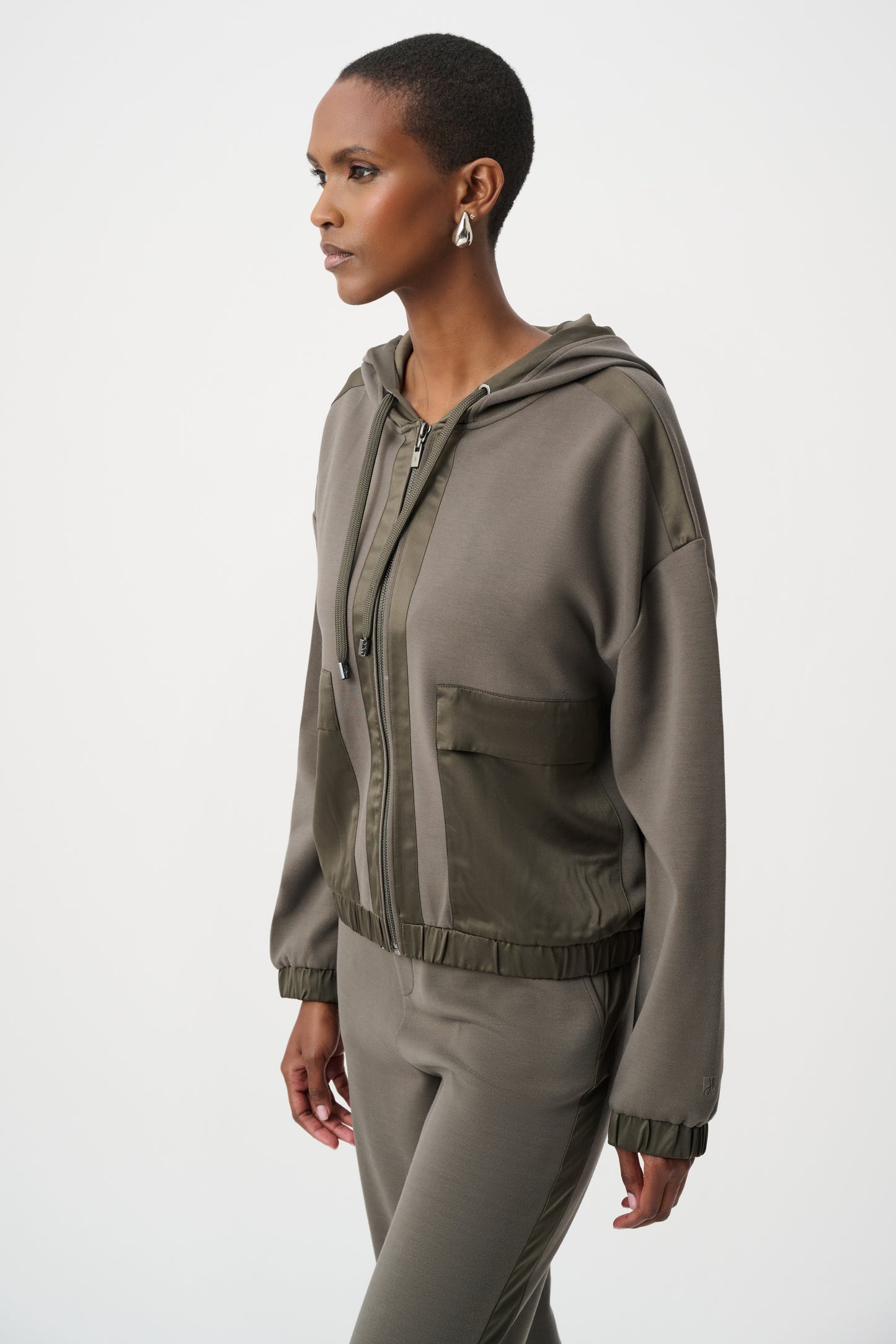 Joseph Ribkoff SPORT Scuba Jersey And Satin Hooded Boxy Jacket 263624 - Avocado