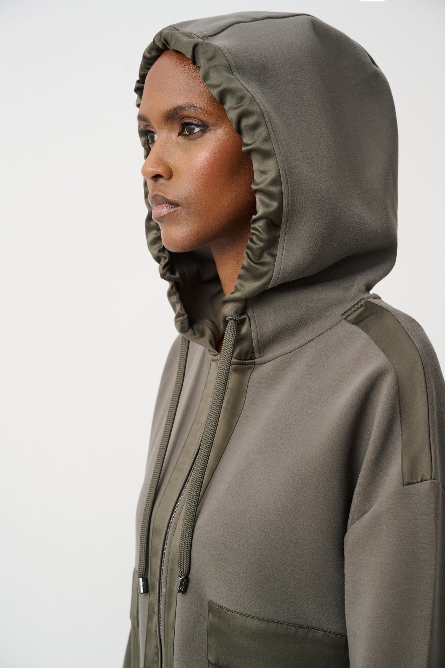 Joseph Ribkoff SPORT Scuba Jersey And Satin Hooded Boxy Jacket 263624 - Avocado