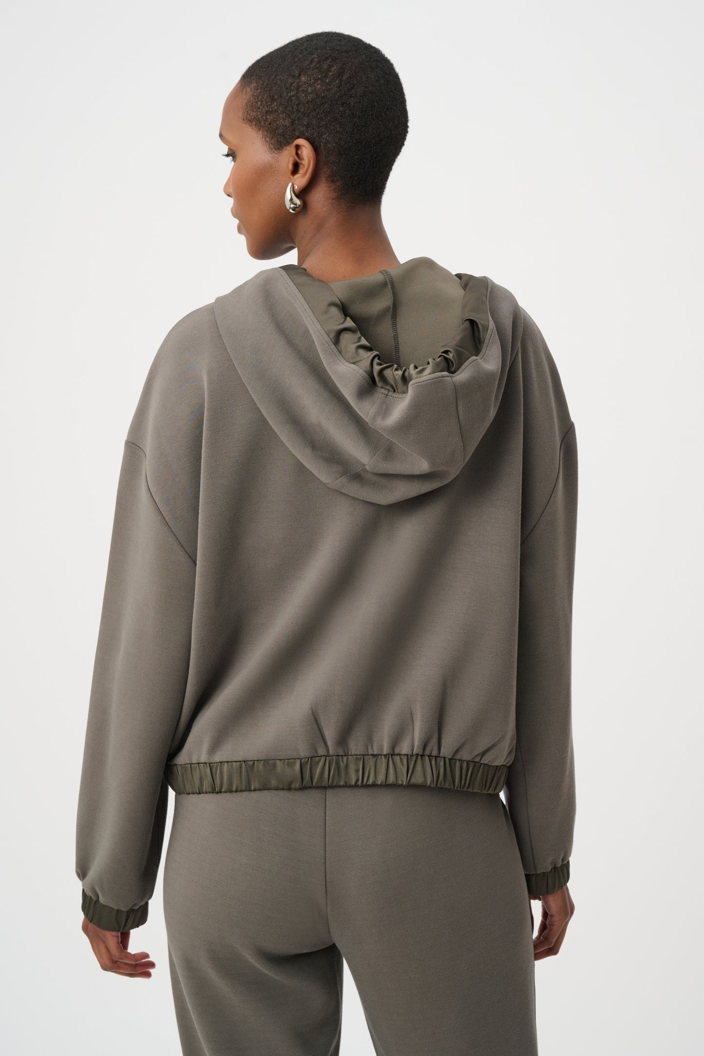 Joseph Ribkoff SPORT Scuba Jersey And Satin Hooded Boxy Jacket 263624 - Avocado