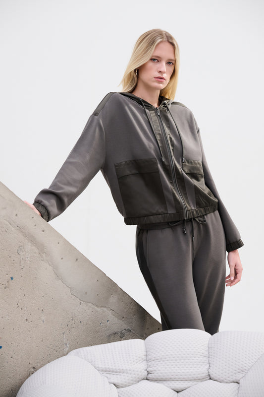 Joseph Ribkoff SPORT Scuba Jersey And Satin Hooded Boxy Jacket 263624 - Avocado