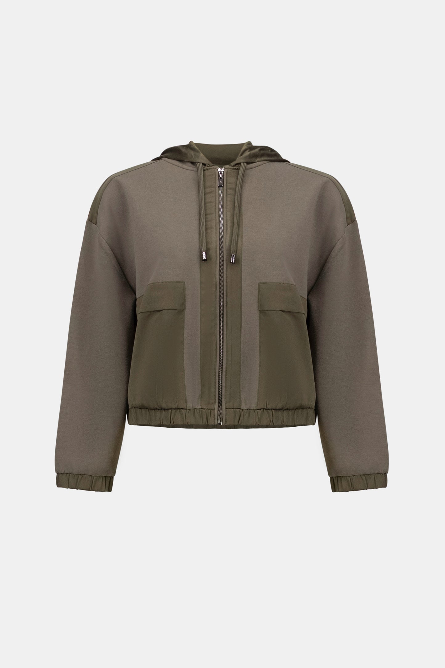 Joseph Ribkoff SPORT Scuba Jersey And Satin Hooded Boxy Jacket 263624 - Avocado