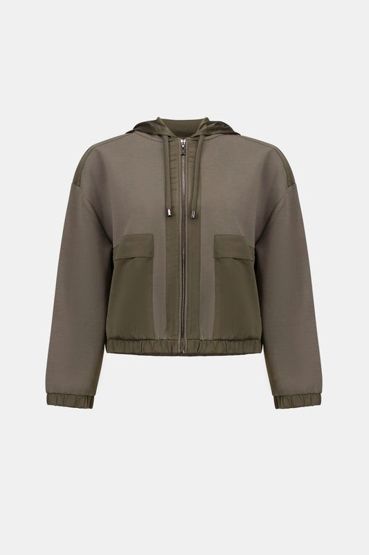 Joseph Ribkoff SPORT Scuba Jersey And Satin Hooded Boxy Jacket 263624 - Avocado