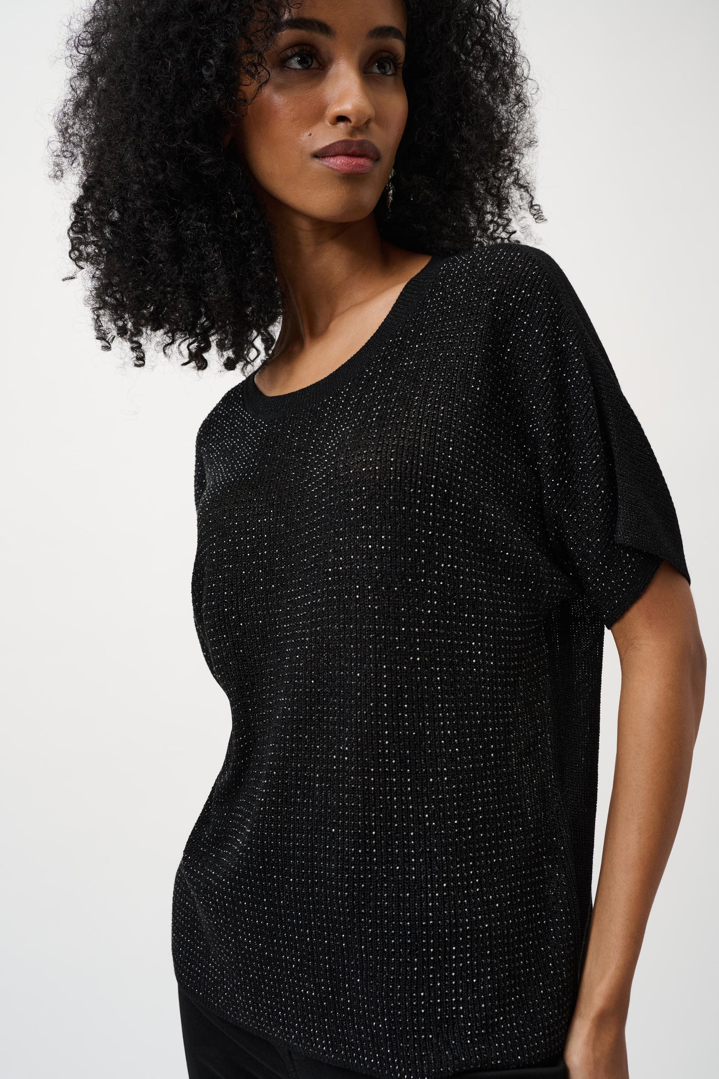 Joseph Ribkoff Metallic Knitted T-shirt with Rhinestones  263900CO - Black