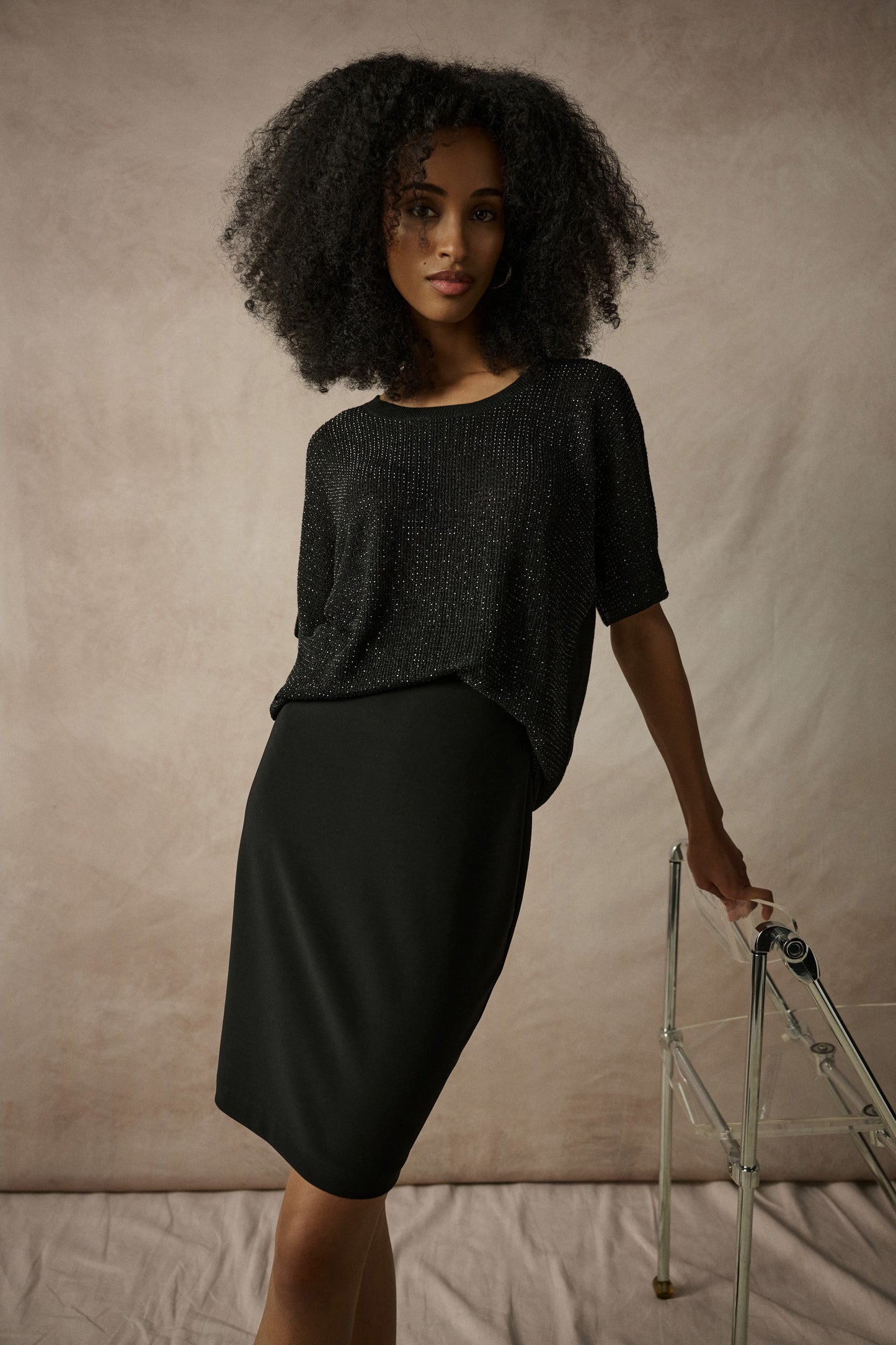 Joseph Ribkoff Metallic Knitted T-shirt with Rhinestones  263900CO - Black