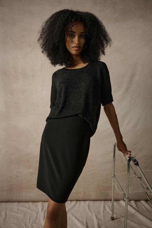 Joseph Ribkoff Metallic Knitted T-shirt with Rhinestones  263900CO - Black