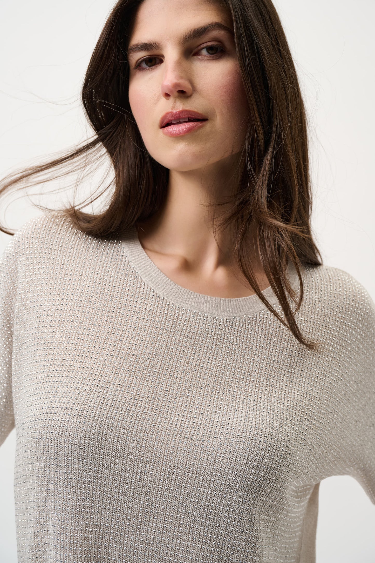 Joseph Ribkoff Metallic Knitted T-shirt with Rhinestones  263900CO - Moonstone