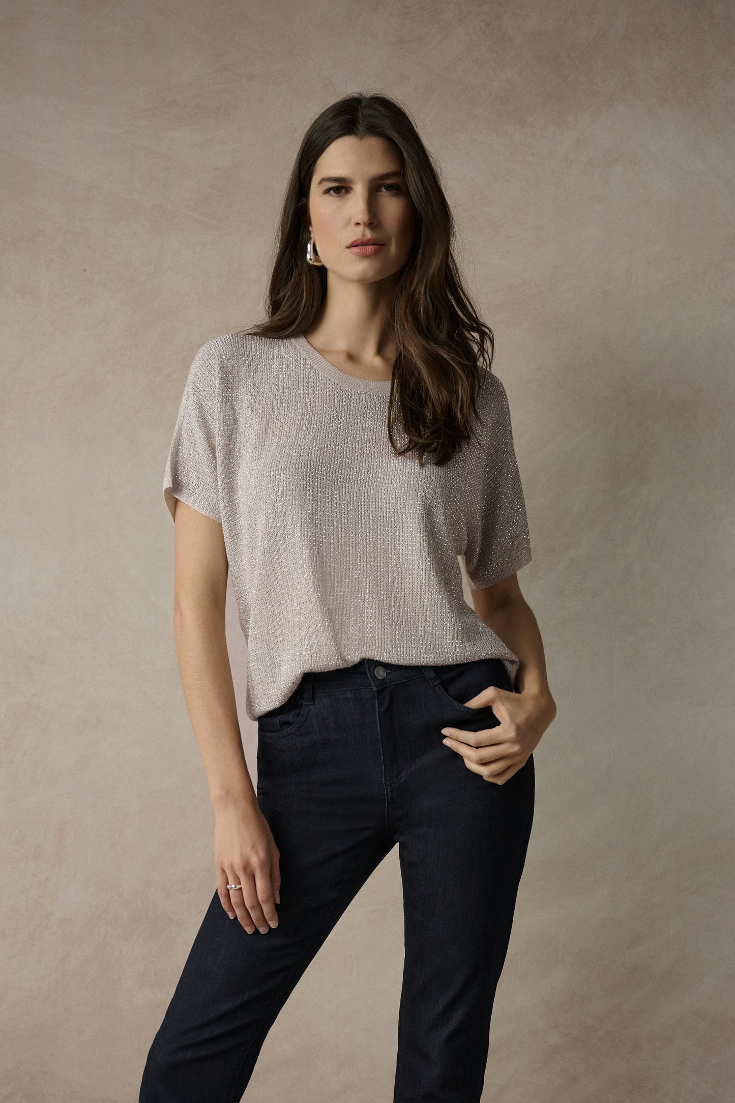 Joseph Ribkoff Metallic Knitted T-shirt with Rhinestones  263900CO - Moonstone