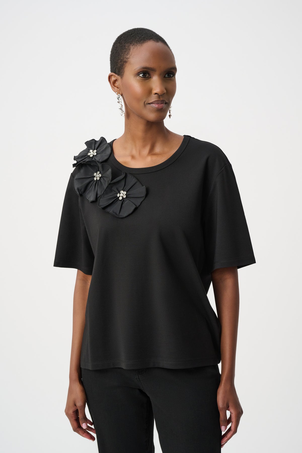Joseph Ribkoff Rayon And Nylon T-Shirt With Memory Flower Detail 263925 Black