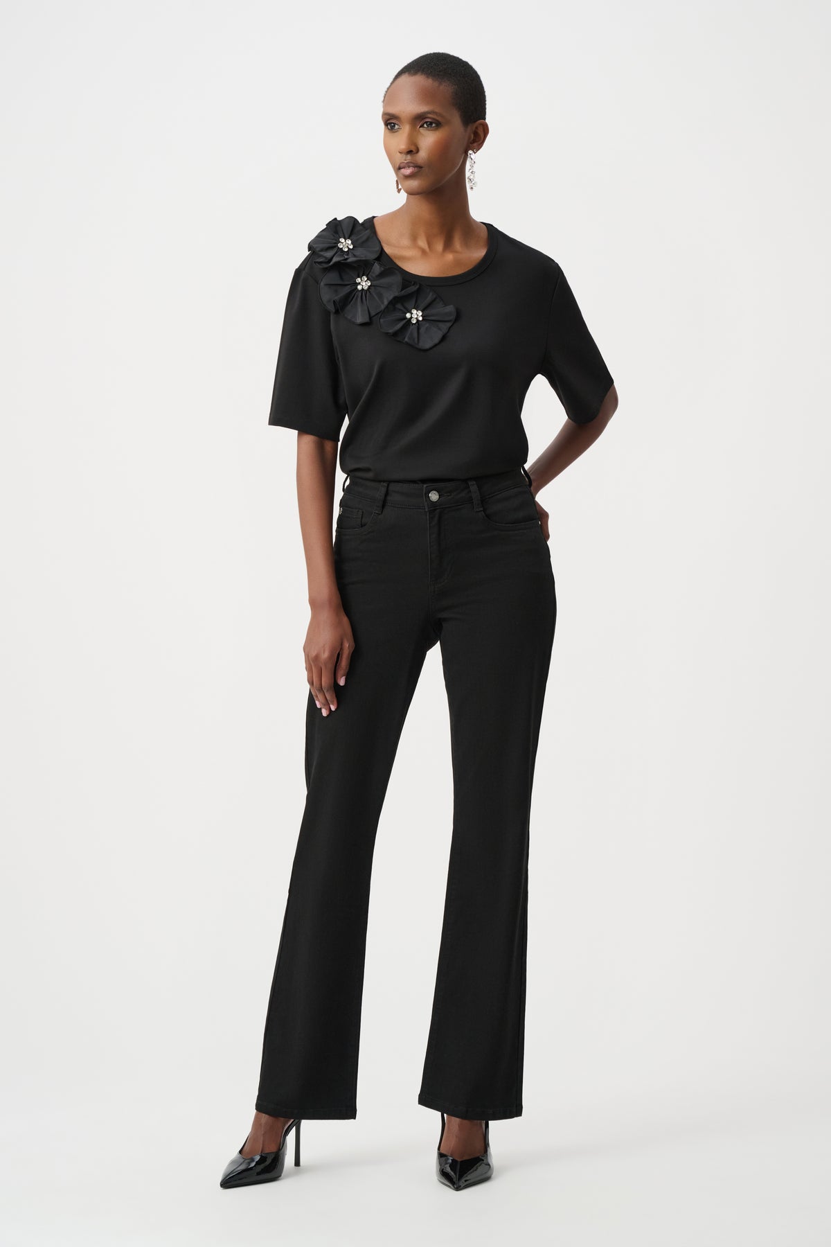 Joseph Ribkoff Rayon And Nylon T-Shirt With Memory Flower Detail 263925 Black