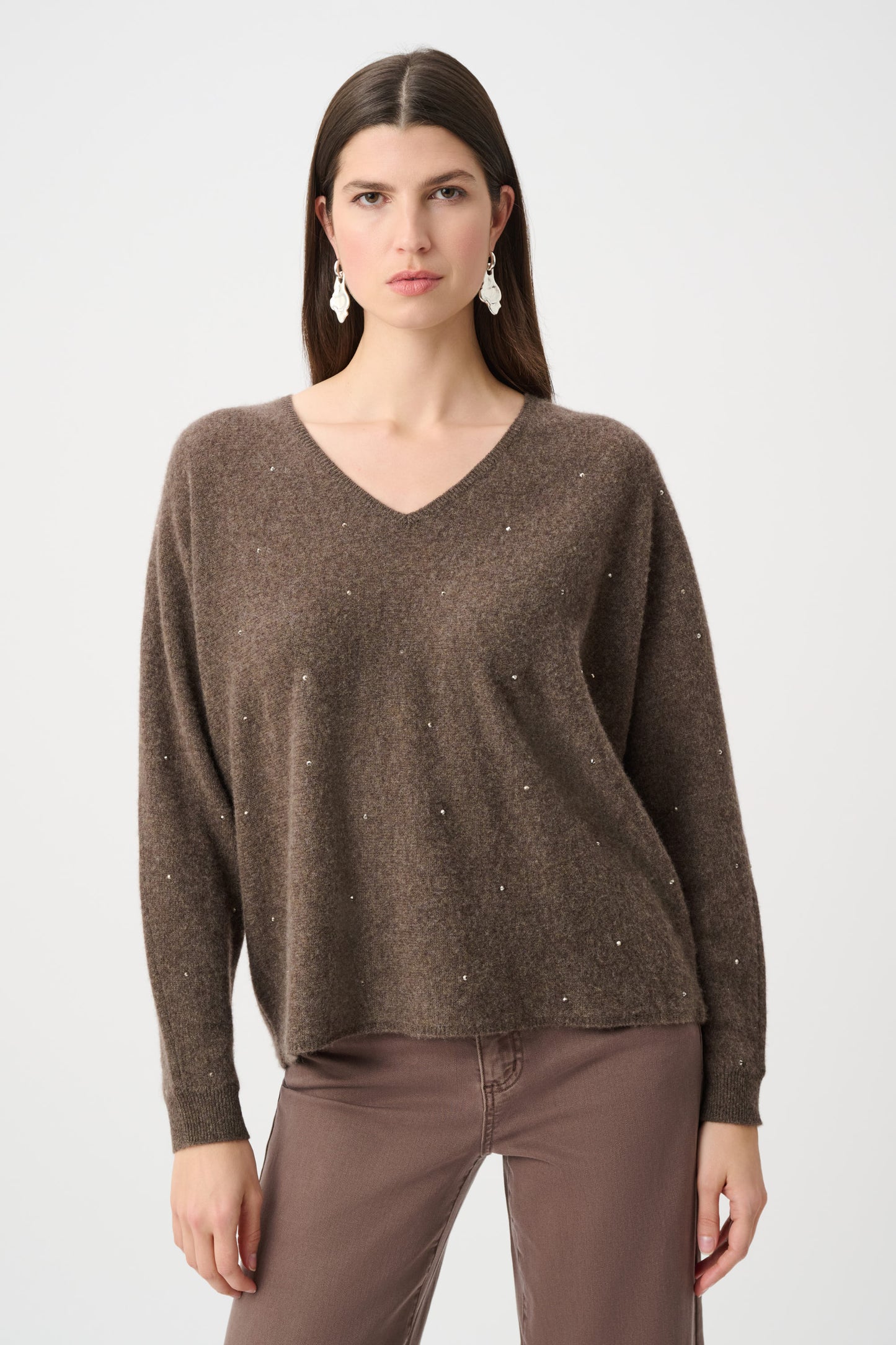 Joseph Ribkoff Cashmere Boxy Sweater With Rhinestone Detail 263940 - Dark Taupe Melange