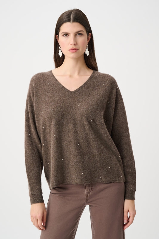 Joseph Ribkoff Cashmere Boxy Sweater With Rhinestone Detail 263940 - Dark Taupe Melange
