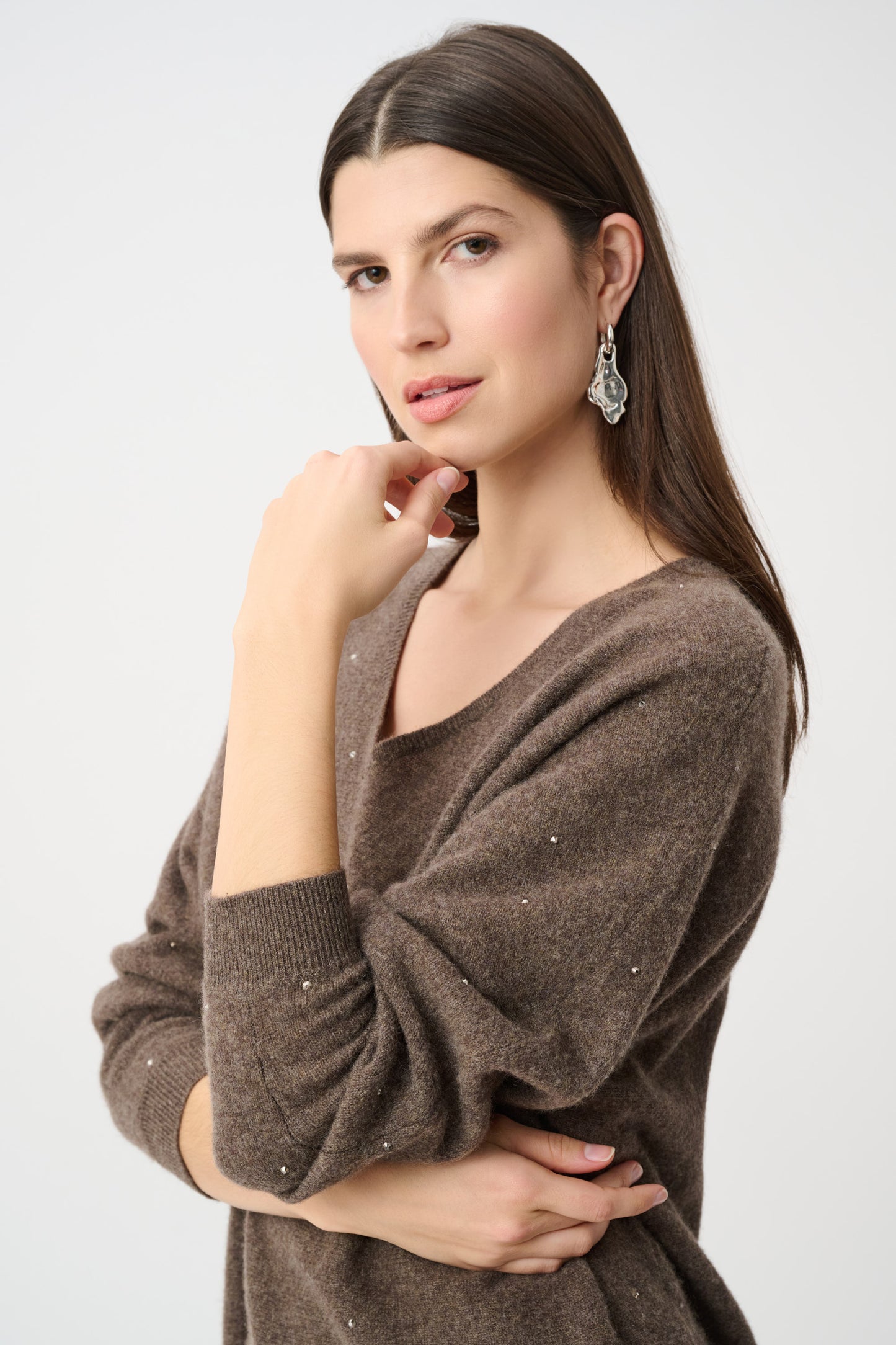 Joseph Ribkoff Cashmere Boxy Sweater With Rhinestone Detail 263940 - Dark Taupe Melange
