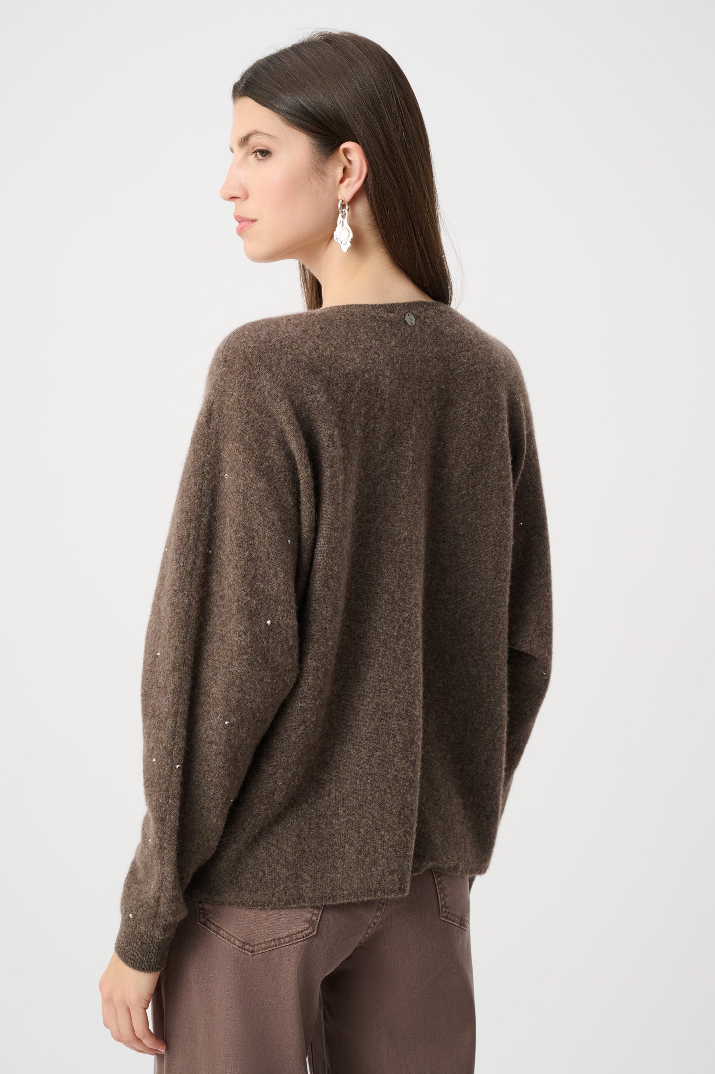 Joseph Ribkoff Cashmere Boxy Sweater With Rhinestone Detail 263940 - Dark Taupe Melange