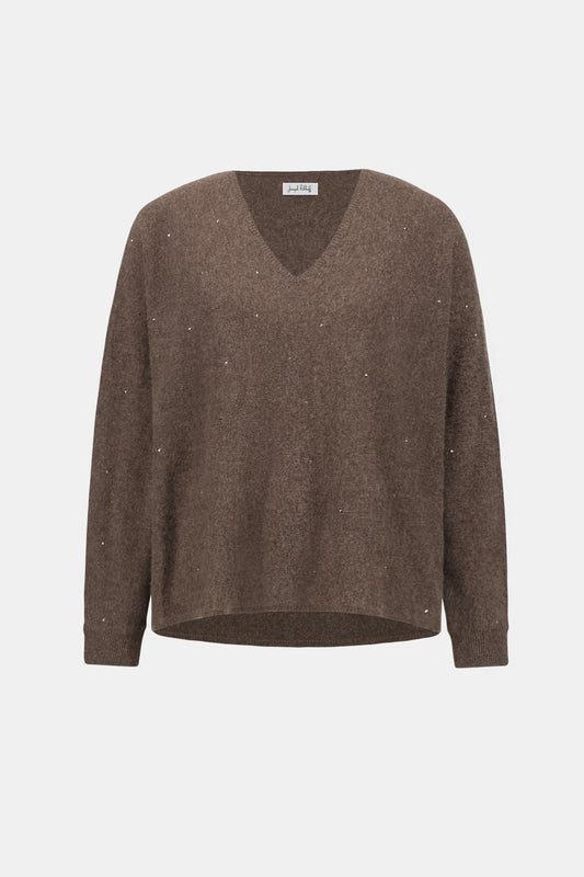 Joseph Ribkoff Cashmere Boxy Sweater With Rhinestone Detail 263940 - Dark Taupe Melange