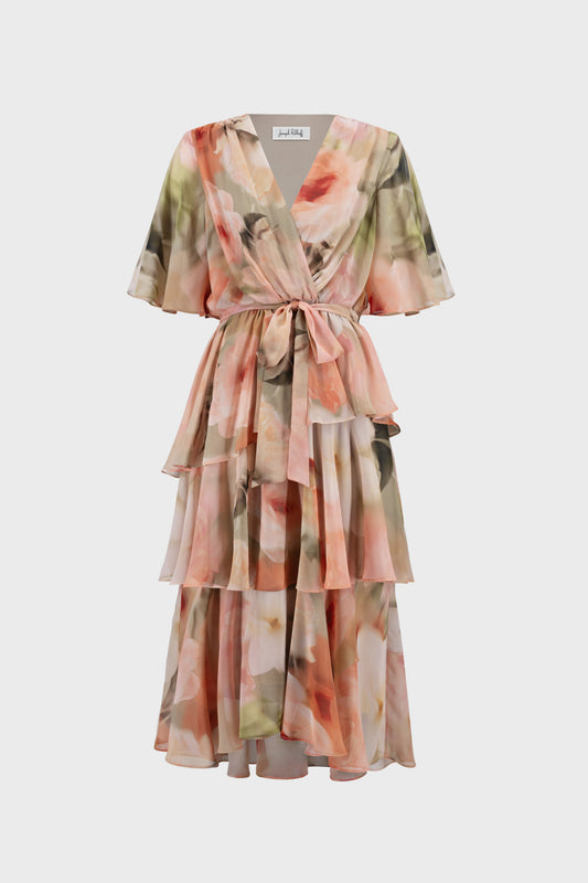 Joseph Ribkoff Printed Chiffon Fit & Flare Dress Beige/ Multi 271746