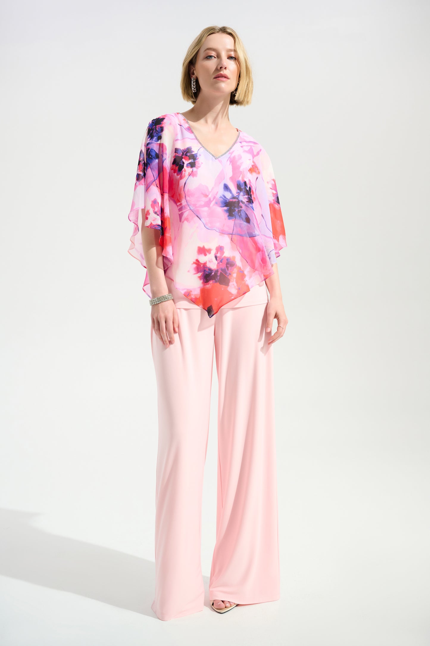 PRE ORDER Joseph Ribkoff Signature | Silky Knit Floral Print Poncho With Chiffon Layer
261777 Multi