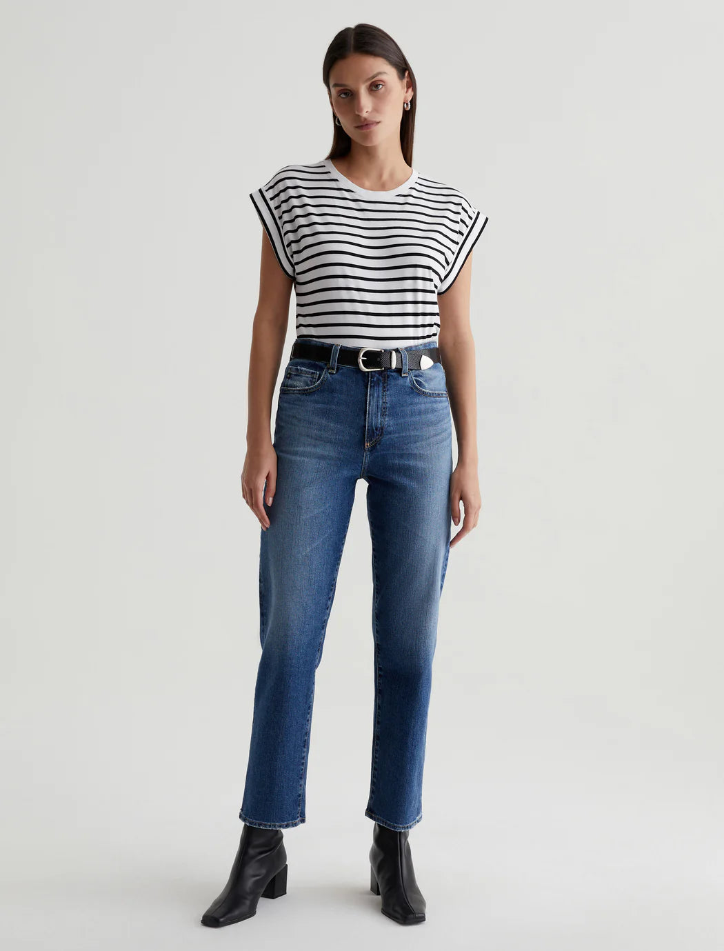 AG Jeans Rowan Relaxed Roll Sleeved T- Shirt COASTAL STRIPE EX-WHITE/TRUE BLACK