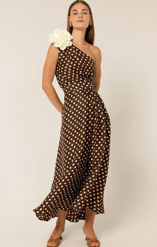 Sacha Drake GARDENIA ONE SHOULDER DRESS - Choc/ Cream Spot