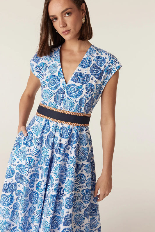 Cable Monique Midi Dress - Blue Shell Print