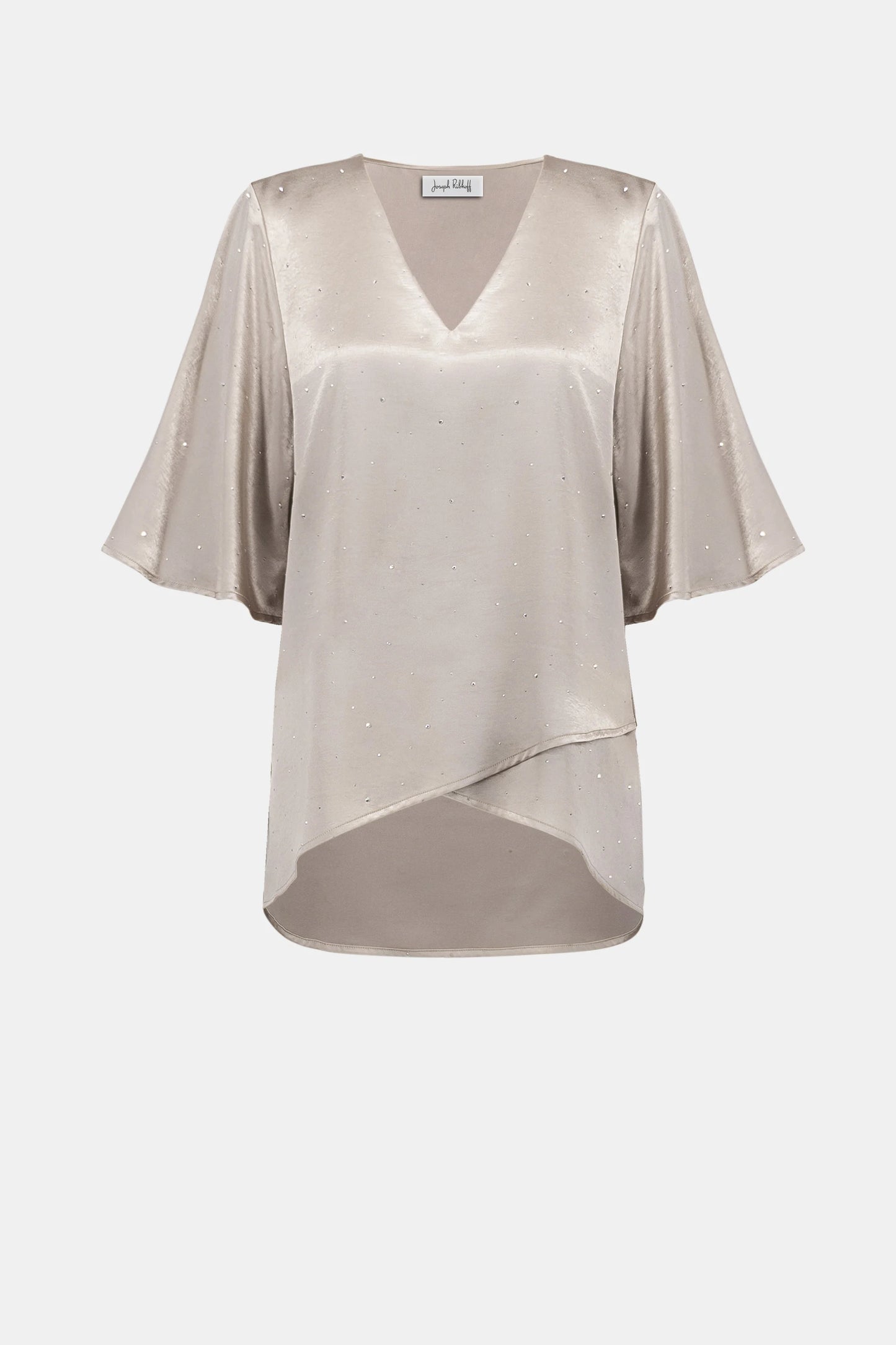 Joseph Ribkoff Signature Satin Rhinestone Boxy Tunic With Flutter Sleeves
262722 Feather Grey