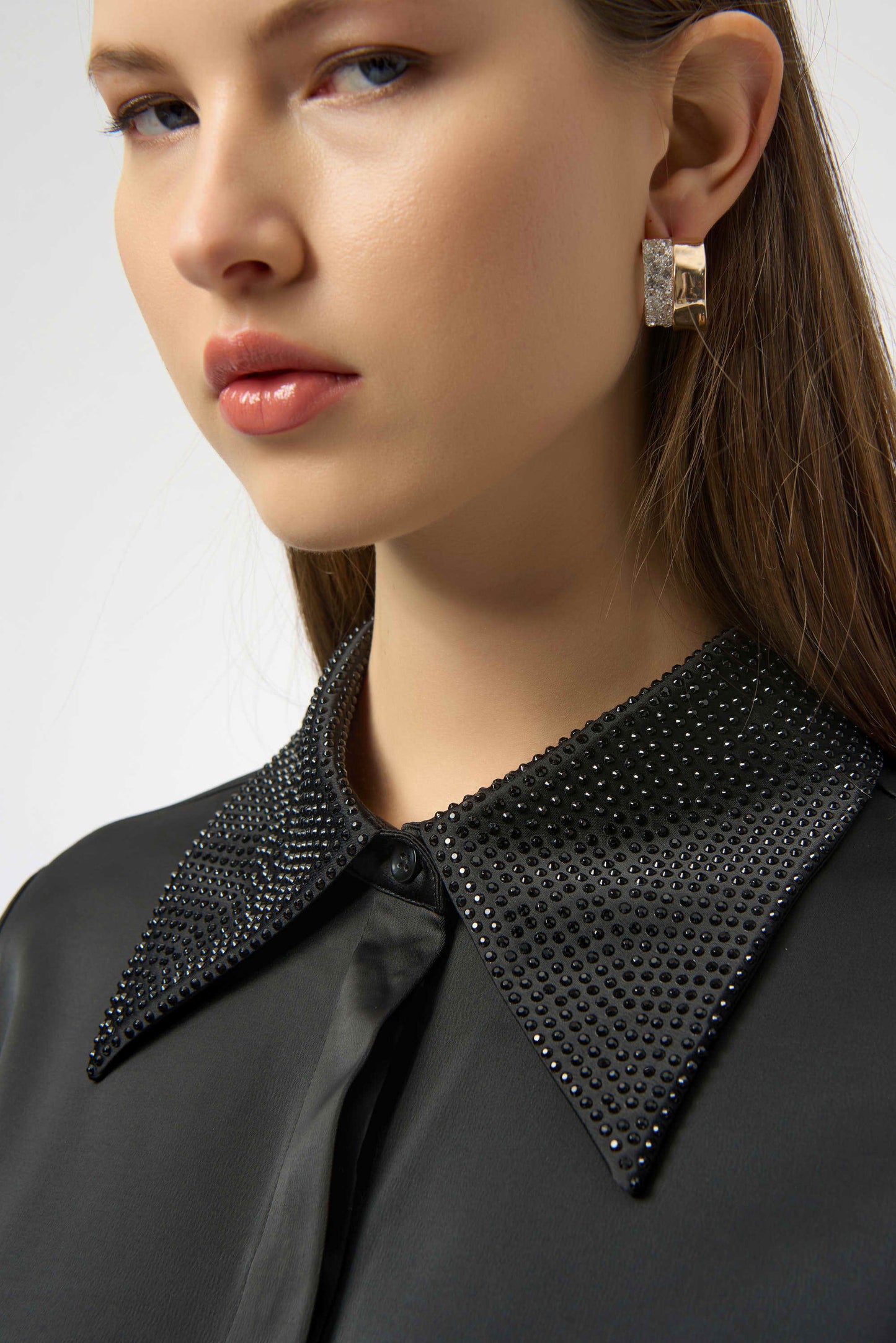 Joseph Ribkoff Satin Button-Front Blouse with Embellished Collar
254926