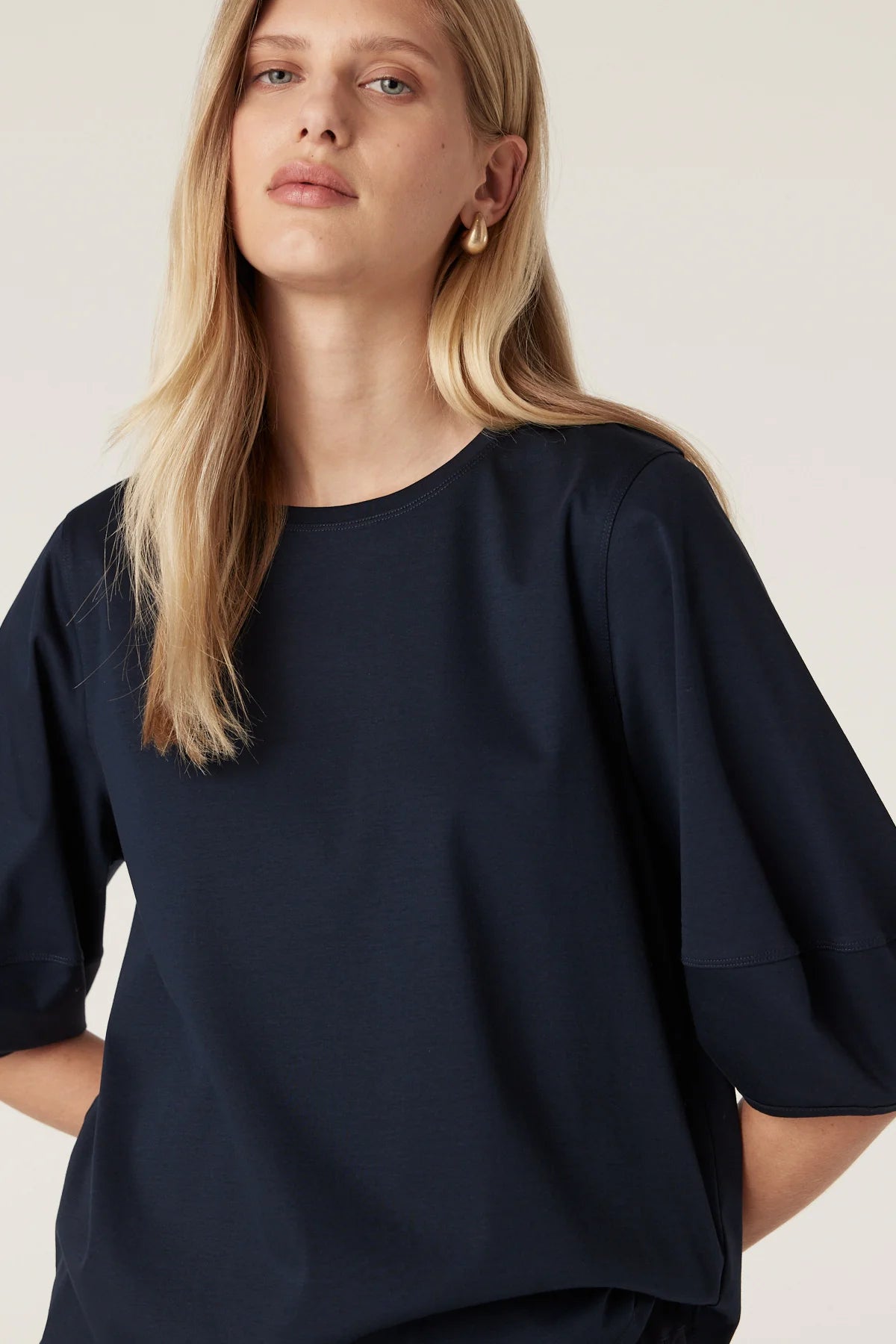 Cable Pima Cotton Lantern Sleeve Top - Navy
