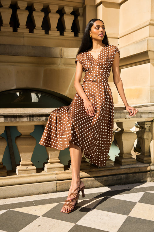 Sacha Drake DOTTIE WRAP MIDI DRESS - Choc/ Cream Spot