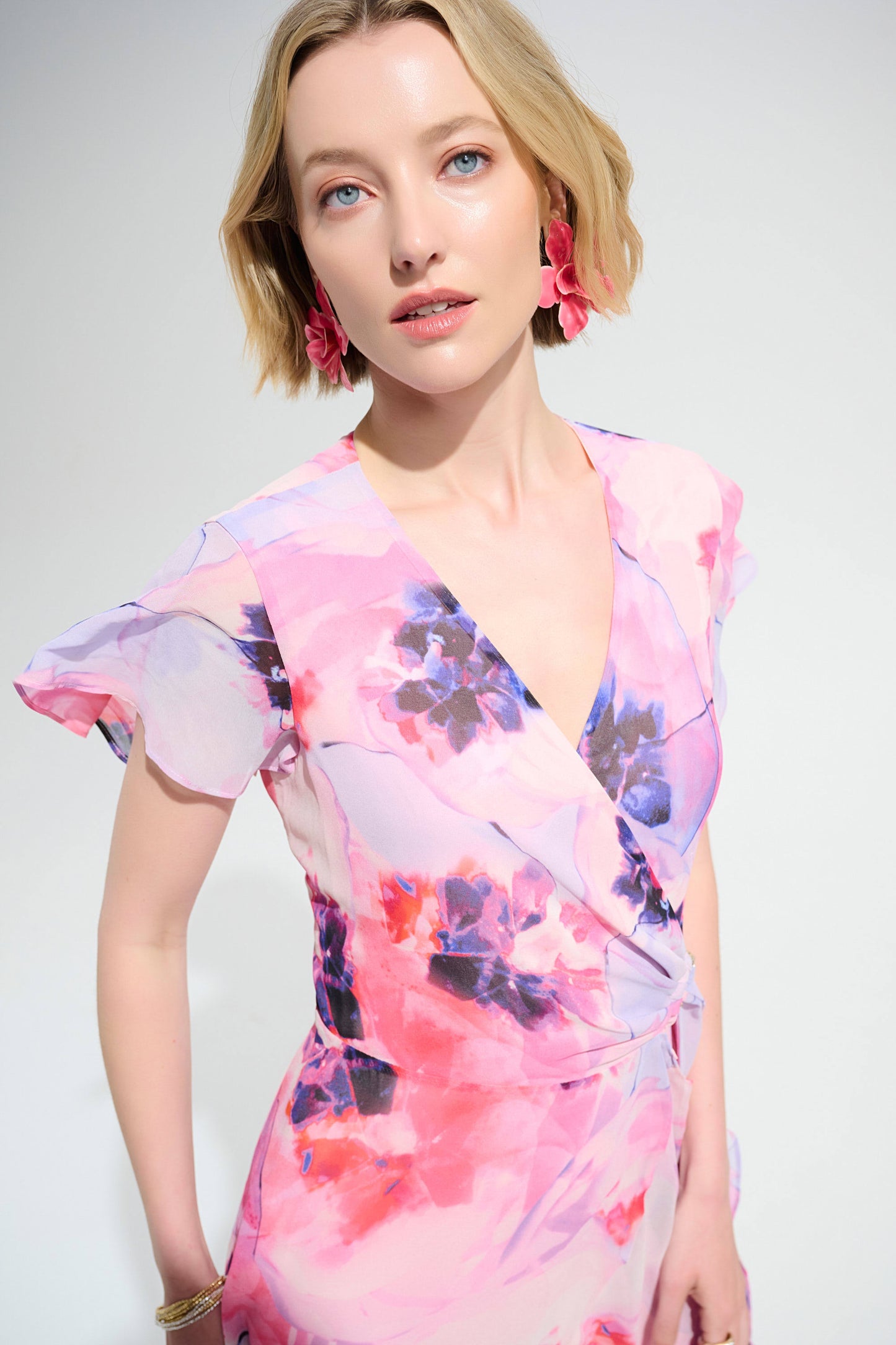 PRE ORDER Joseph Ribkoff Signature | Chiffon Print Wrap Dress With Ruffle Detail
261739 Multi