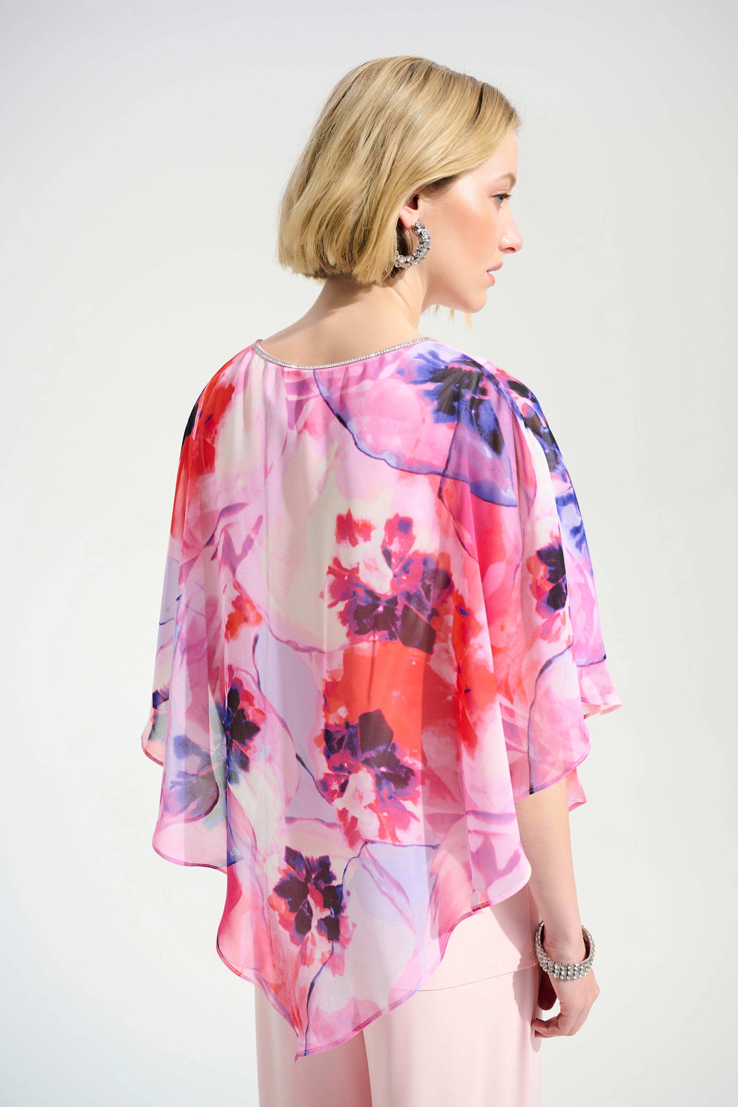 PRE ORDER Joseph Ribkoff Signature | Silky Knit Floral Print Poncho With Chiffon Layer
261777 Multi