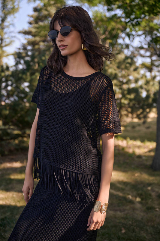 Joseph Ribkoff Viscose Sweater Knit Top With Fringe Trim 262928