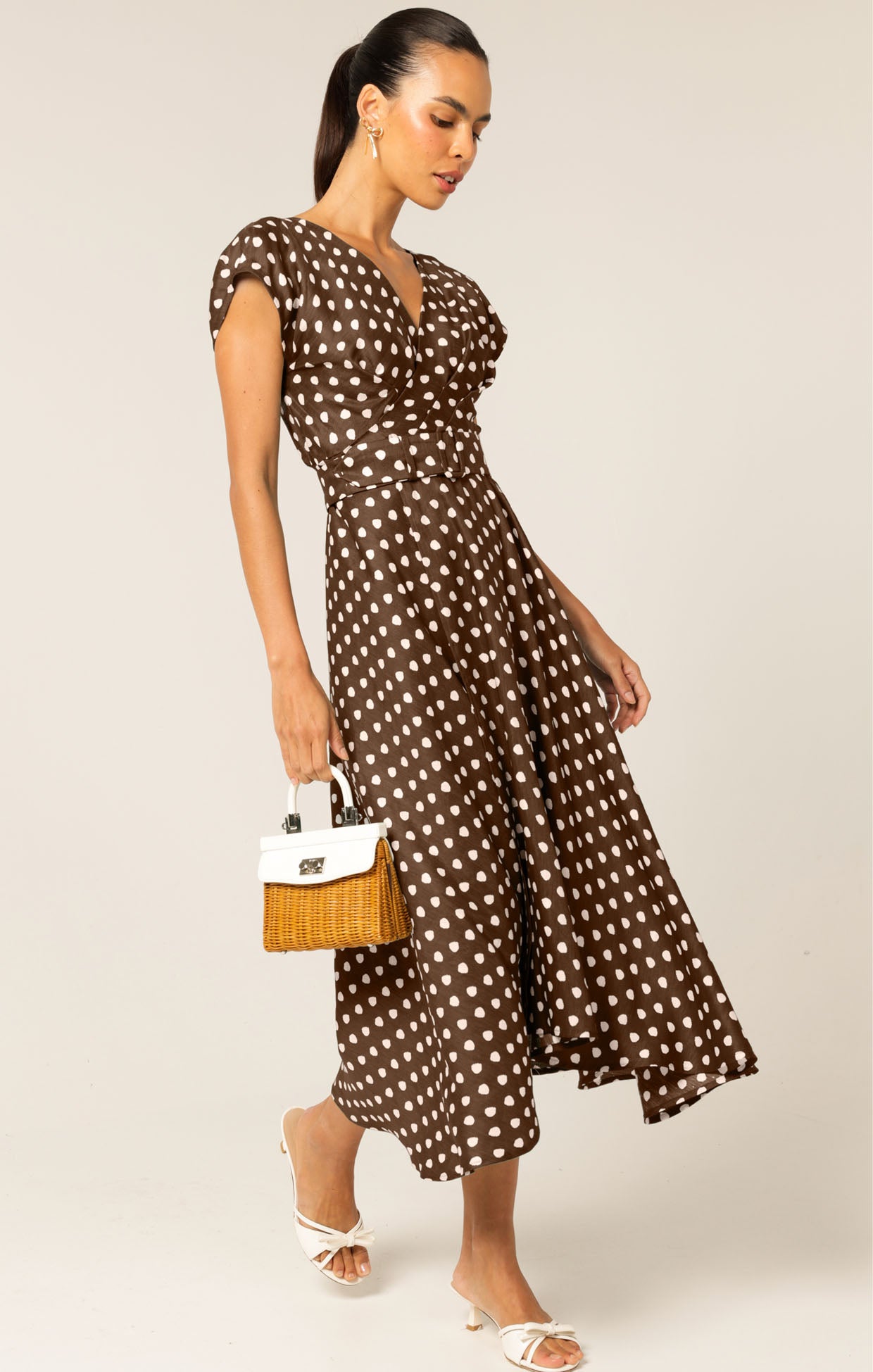 Sacha Drake DOTTIE WRAP MIDI DRESS - Choc/ Cream Spot