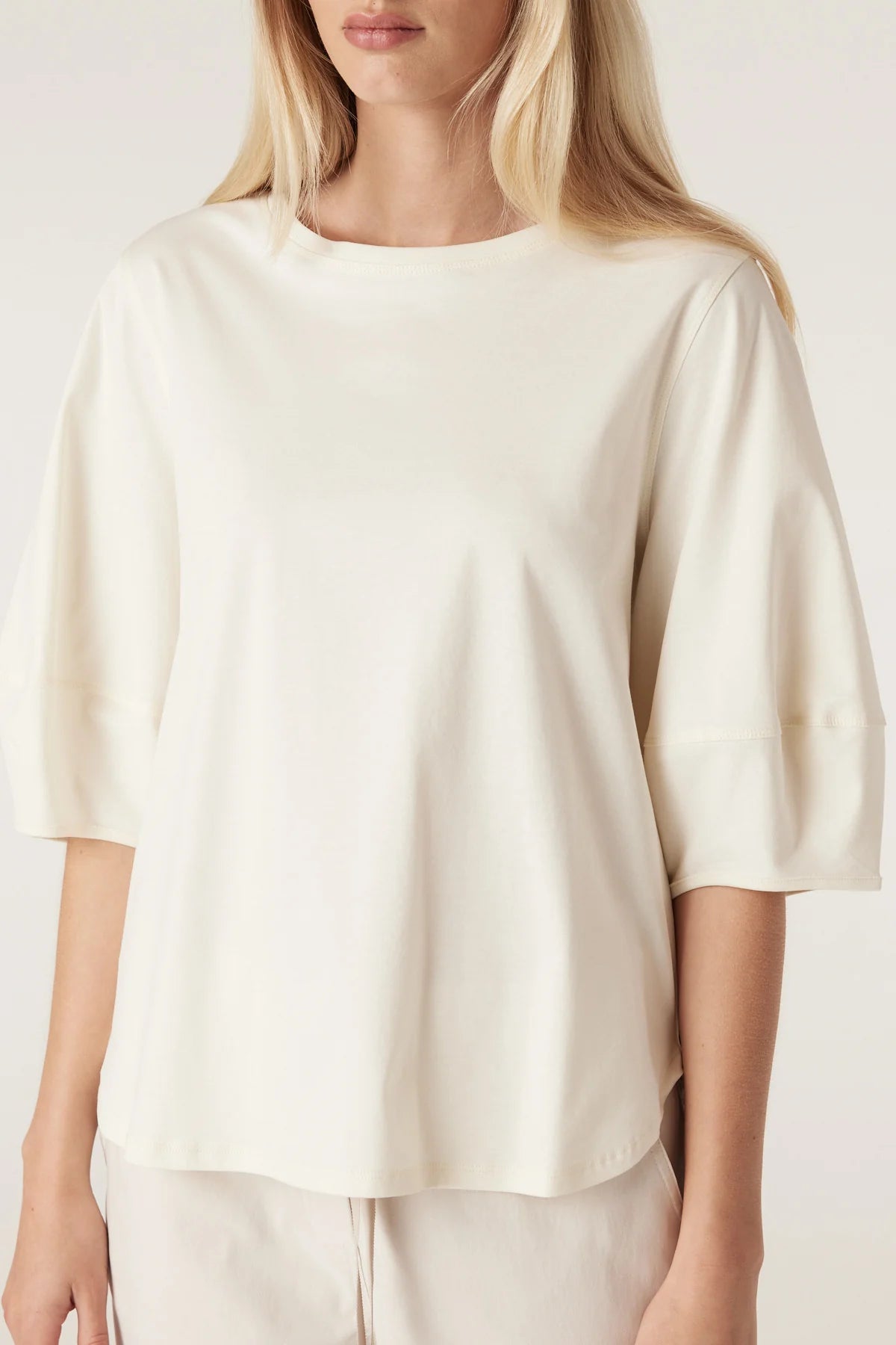 Cable Pima Cotton Lantern Sleeve Top - Cream