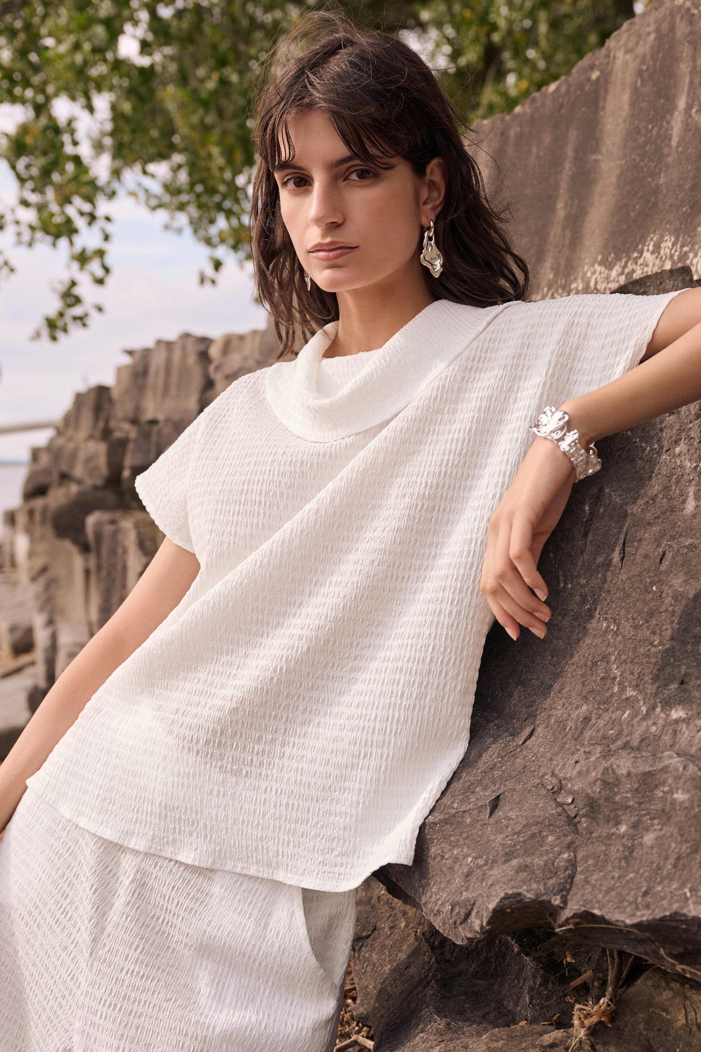 Joseph Ribkoff Textured Knit Cowl Collar Boxy Top
262194 Off-White