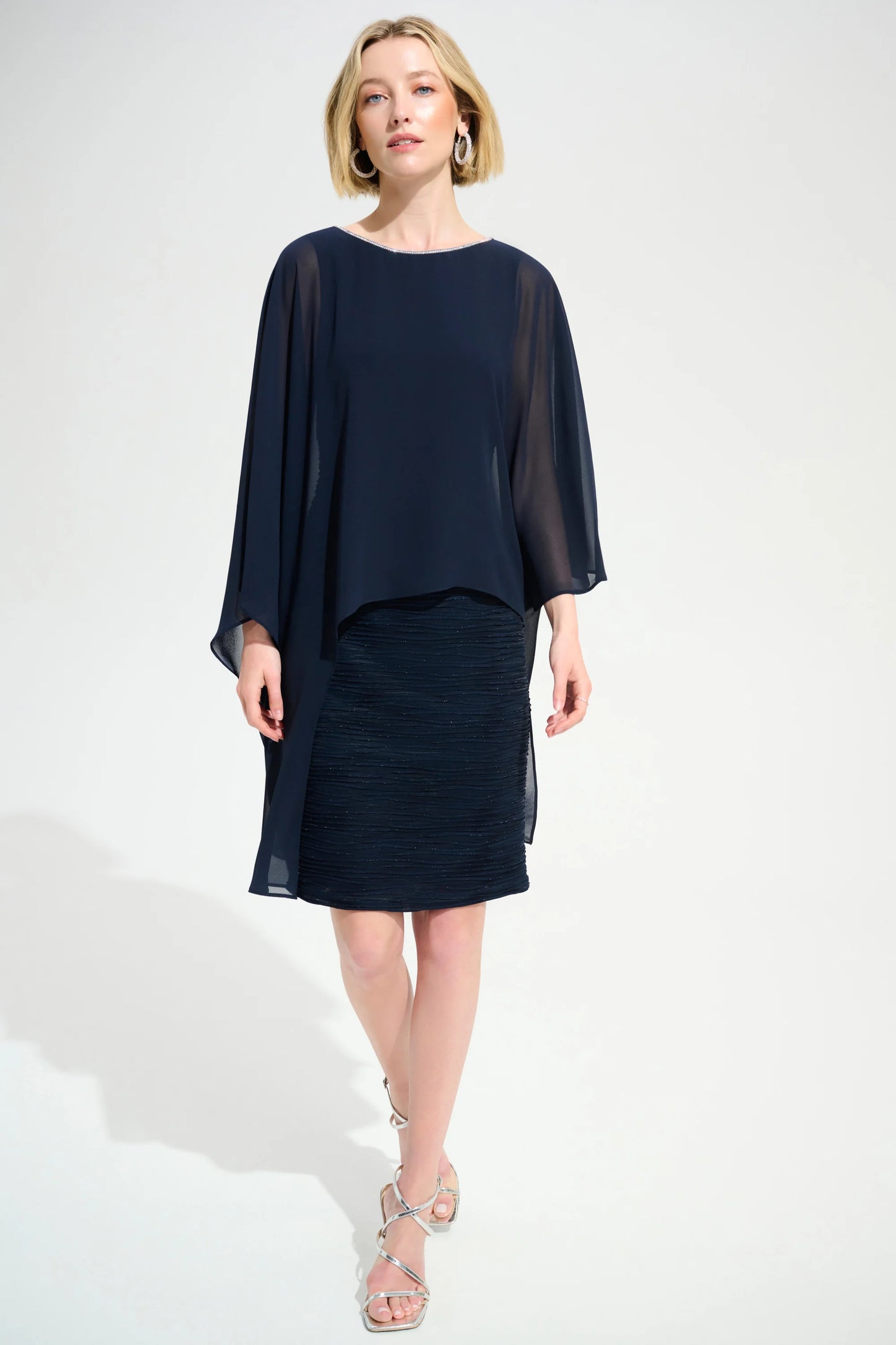 Joseph Ribkoff Signature | Cascade Knit Sheath Dress With Chiffon Poncho Overlay
261707 - ROYAL SAPPHIRE