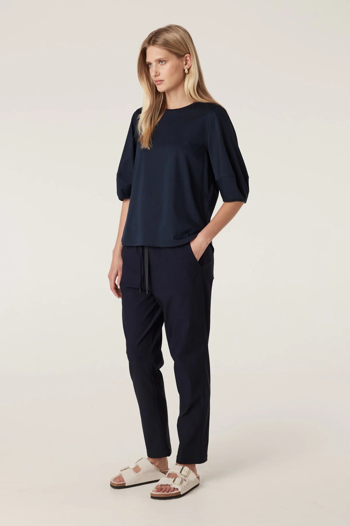 Cable Pima Cotton Lantern Sleeve Top - Navy