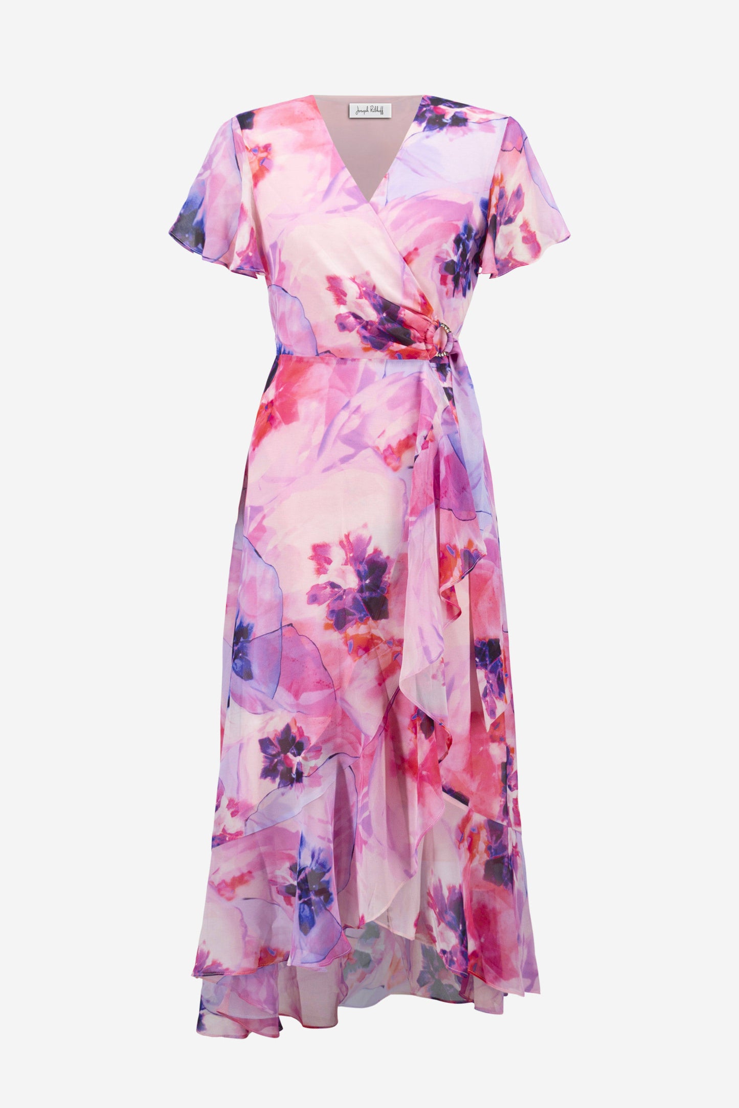 PRE ORDER Joseph Ribkoff Signature | Chiffon Print Wrap Dress With Ruffle Detail
261739 Multi