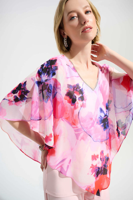 PRE ORDER Joseph Ribkoff Signature | Silky Knit Floral Print Poncho With Chiffon Layer
261777 Multi