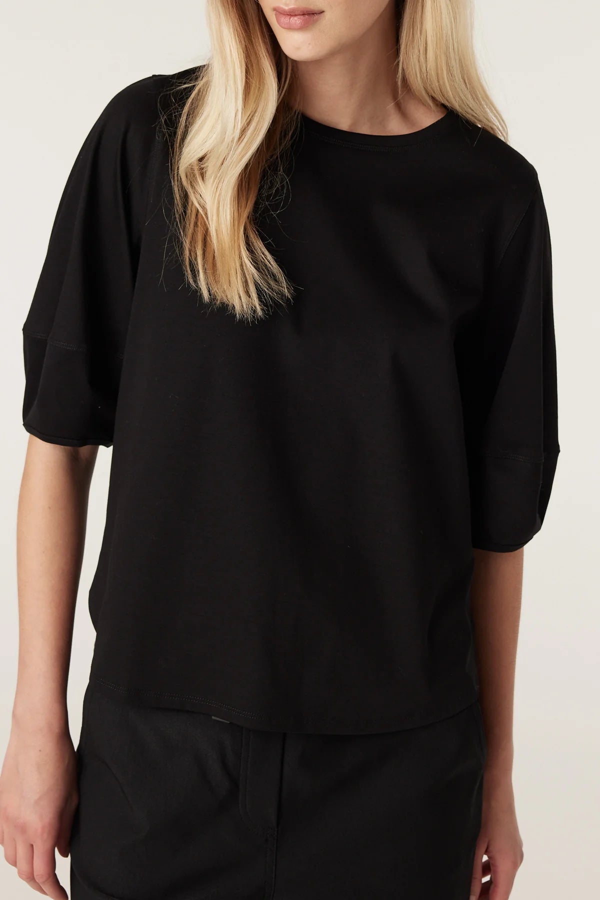 Cable Pima Cotton Lantern Sleeve Top - Black
